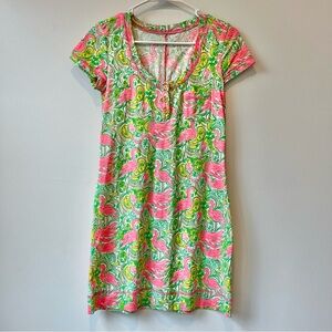 Lilly Pulitzer Britton Button Henley Hot Wings Flamingo Print Pima Cotton Dress